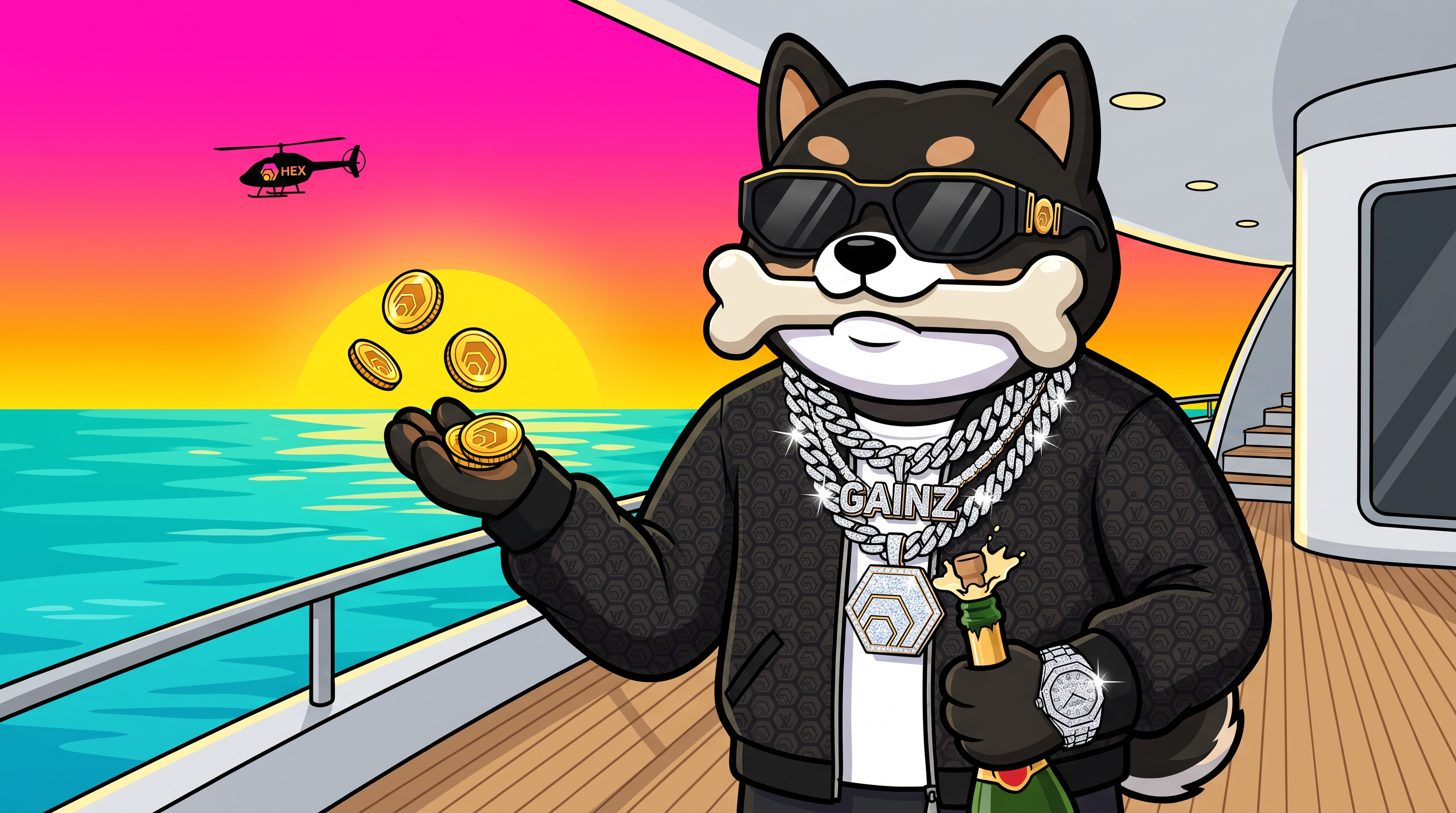 GAINZ HEX Dog on yacht with champagne