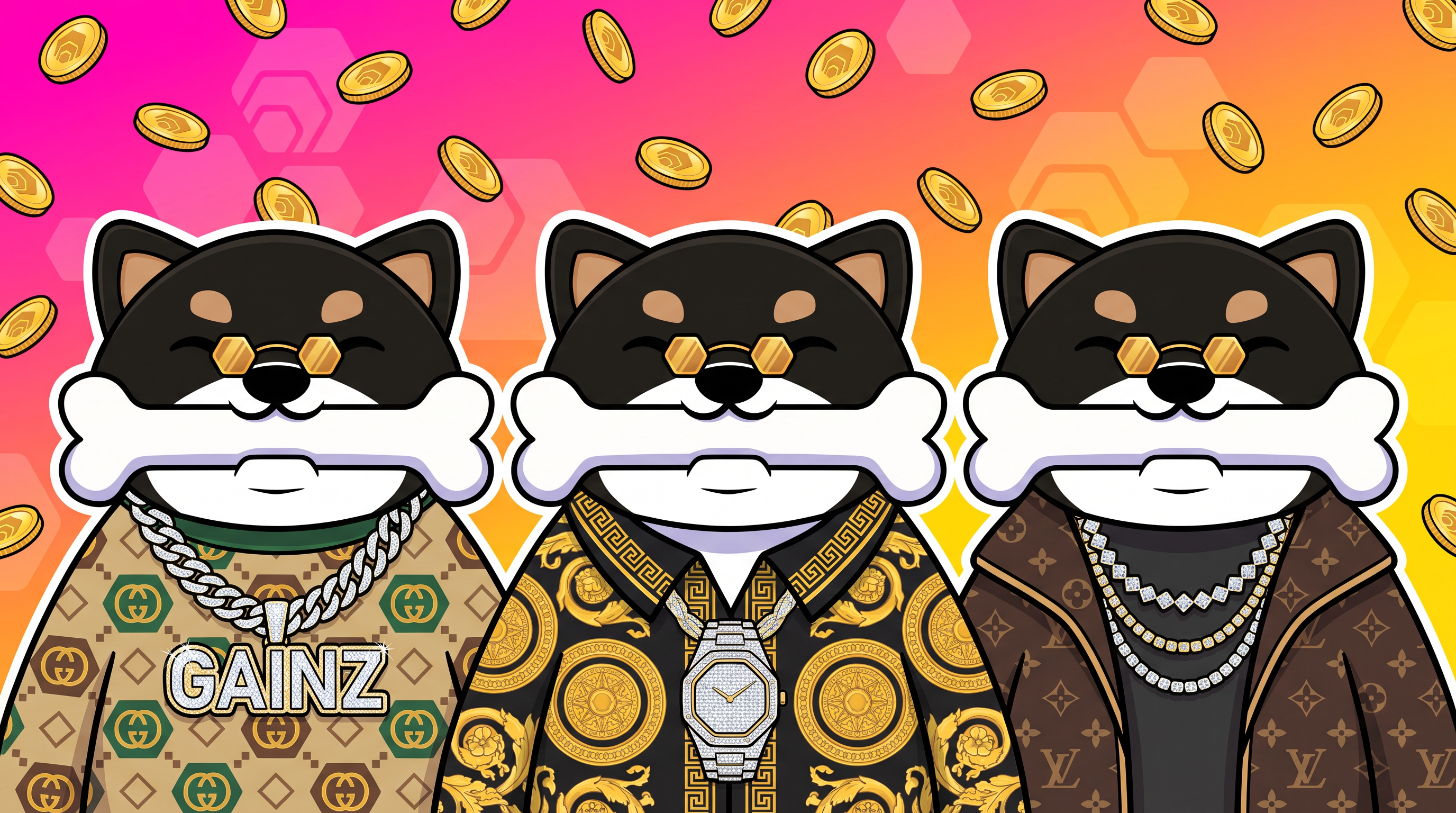 Three iced-out GAINZ HEX Dogs in designer fits with gold coins raining