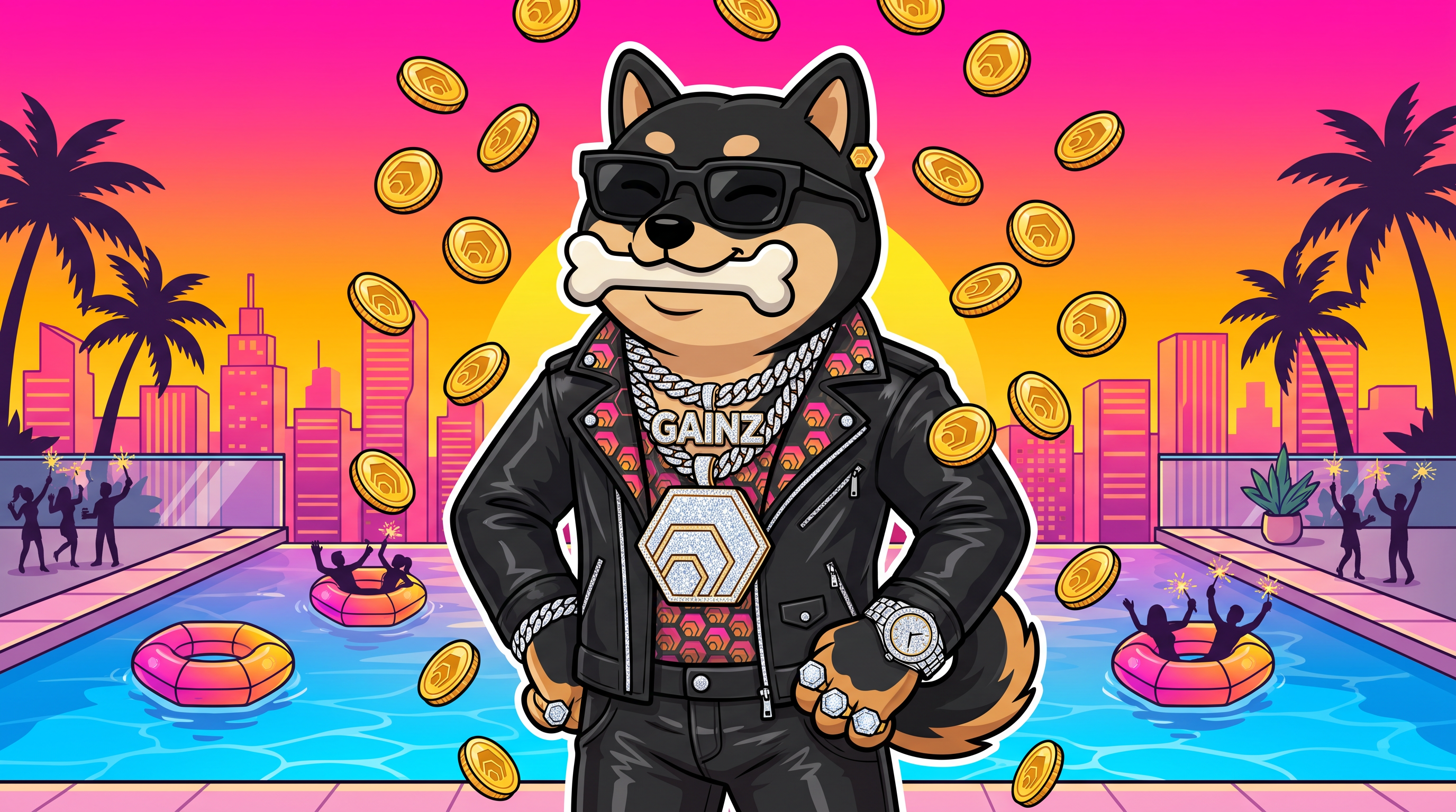 GAINZ HEX Dog on a rooftop with gold HEX coins raining