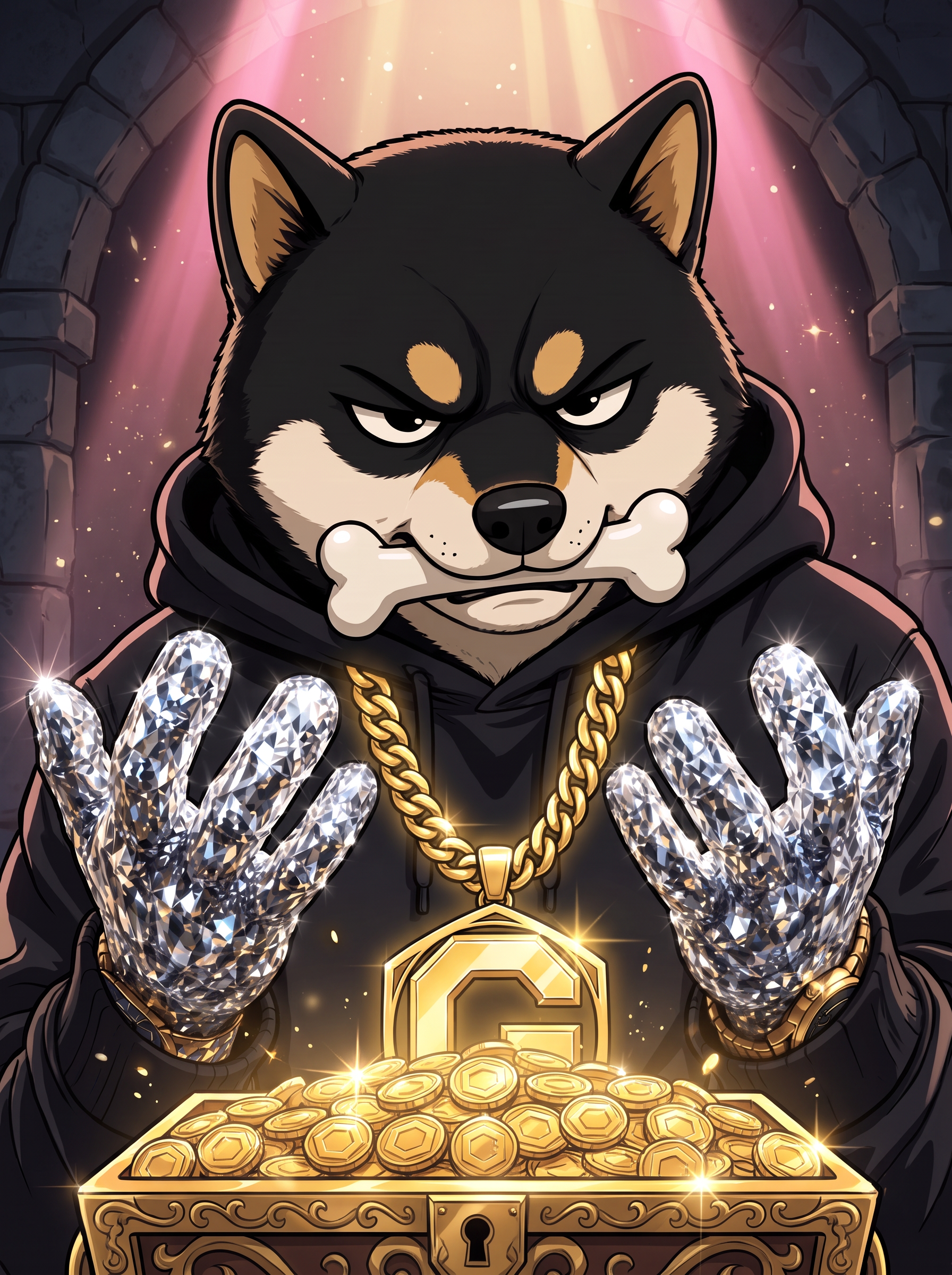 $GAINZ behind an overflowing chest of gold HEX coins