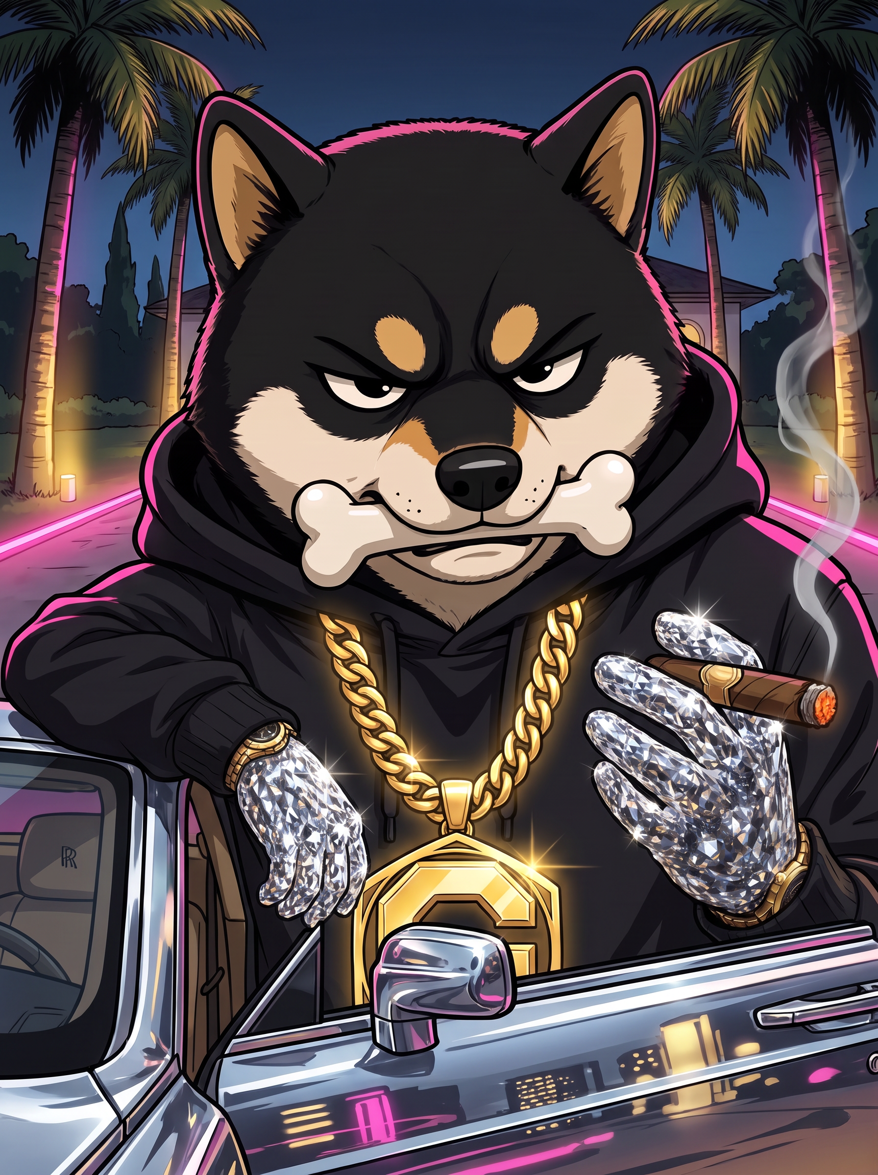 $GAINZ next to a Rolls Royce with a cigar