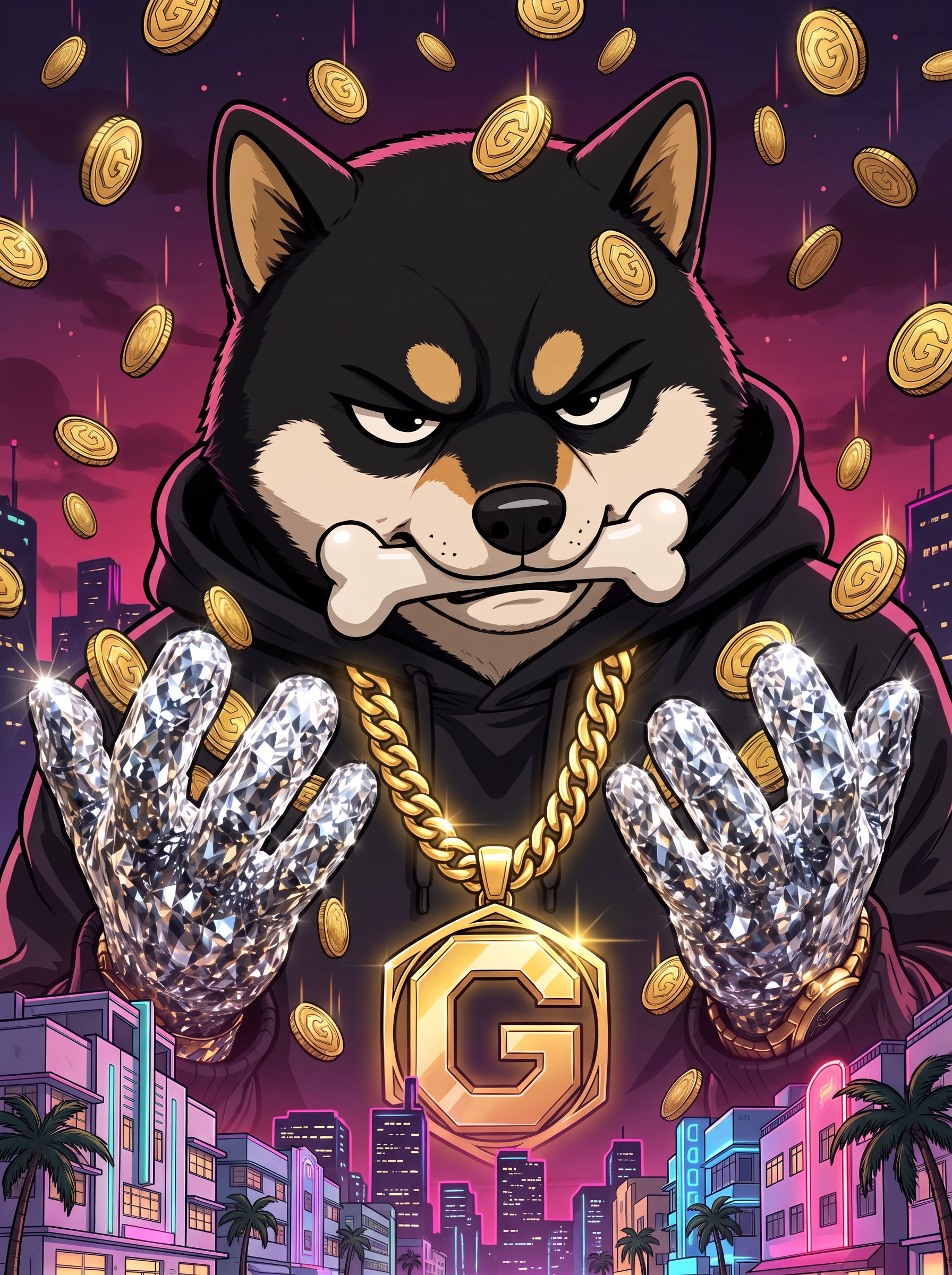 $GAINZ HEX Dog on a rooftop with gold G coins raining down over a neon Miami skyline