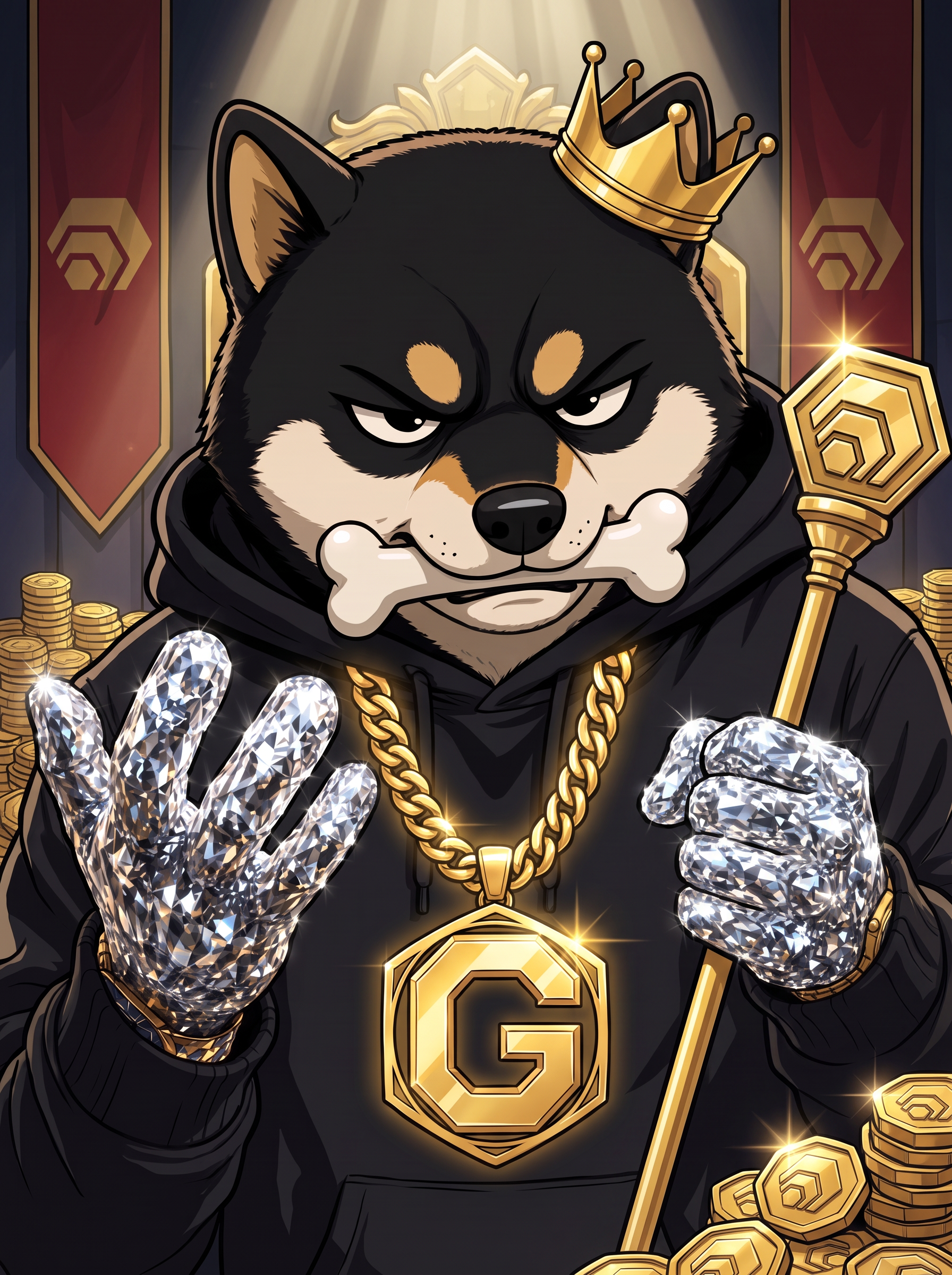 $GAINZ on a gold throne with HEX scepter