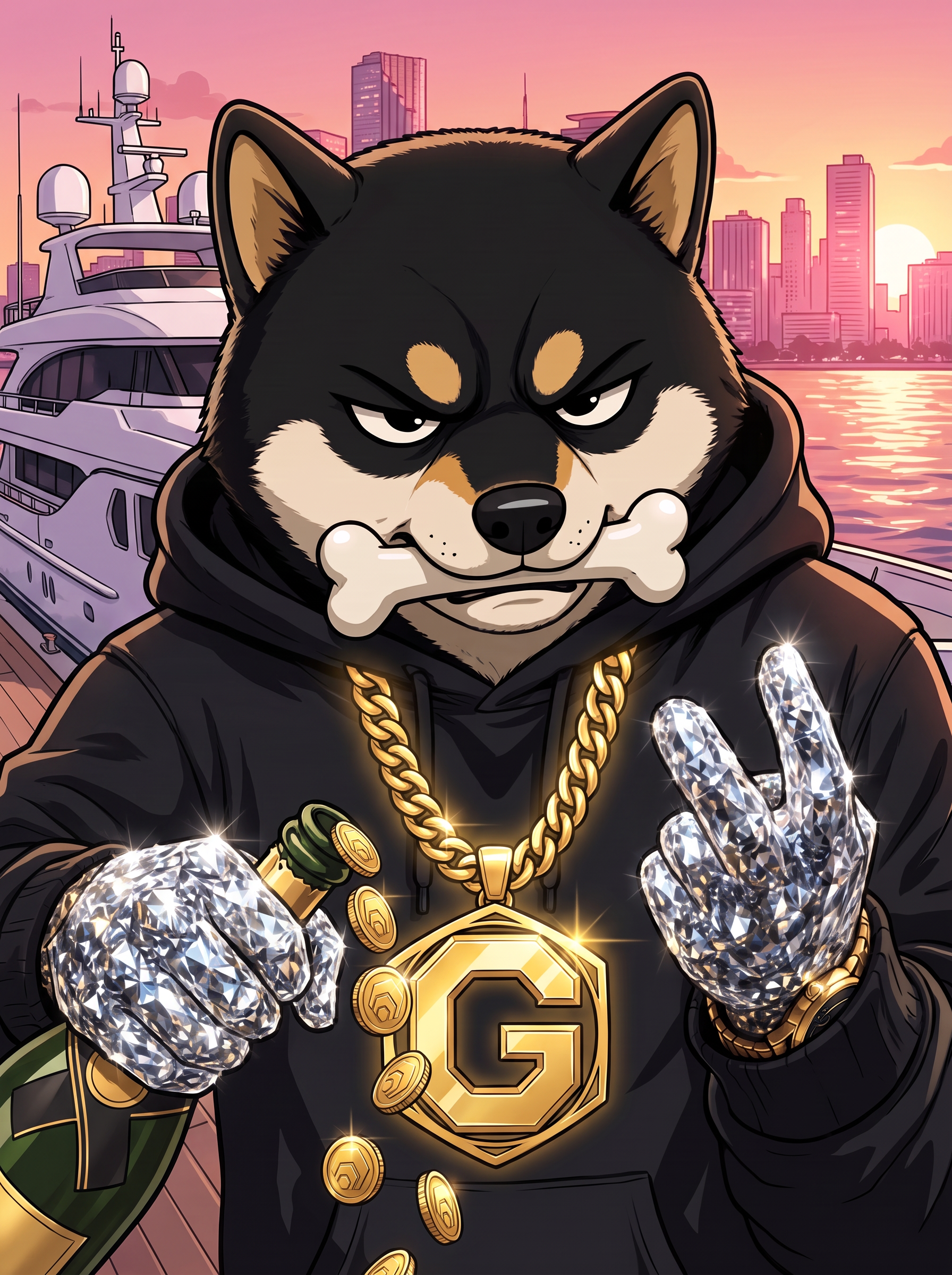 $GAINZ on a yacht pouring HEX coins from champagne